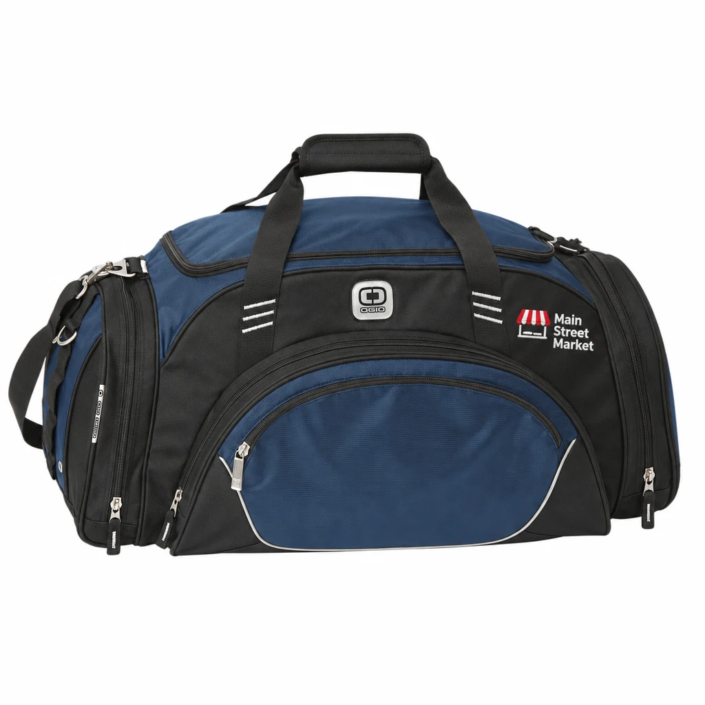 Custom OGIO - Transfer Duffel (108084) in Navy, flat-lay view with a custom embroidered logo.