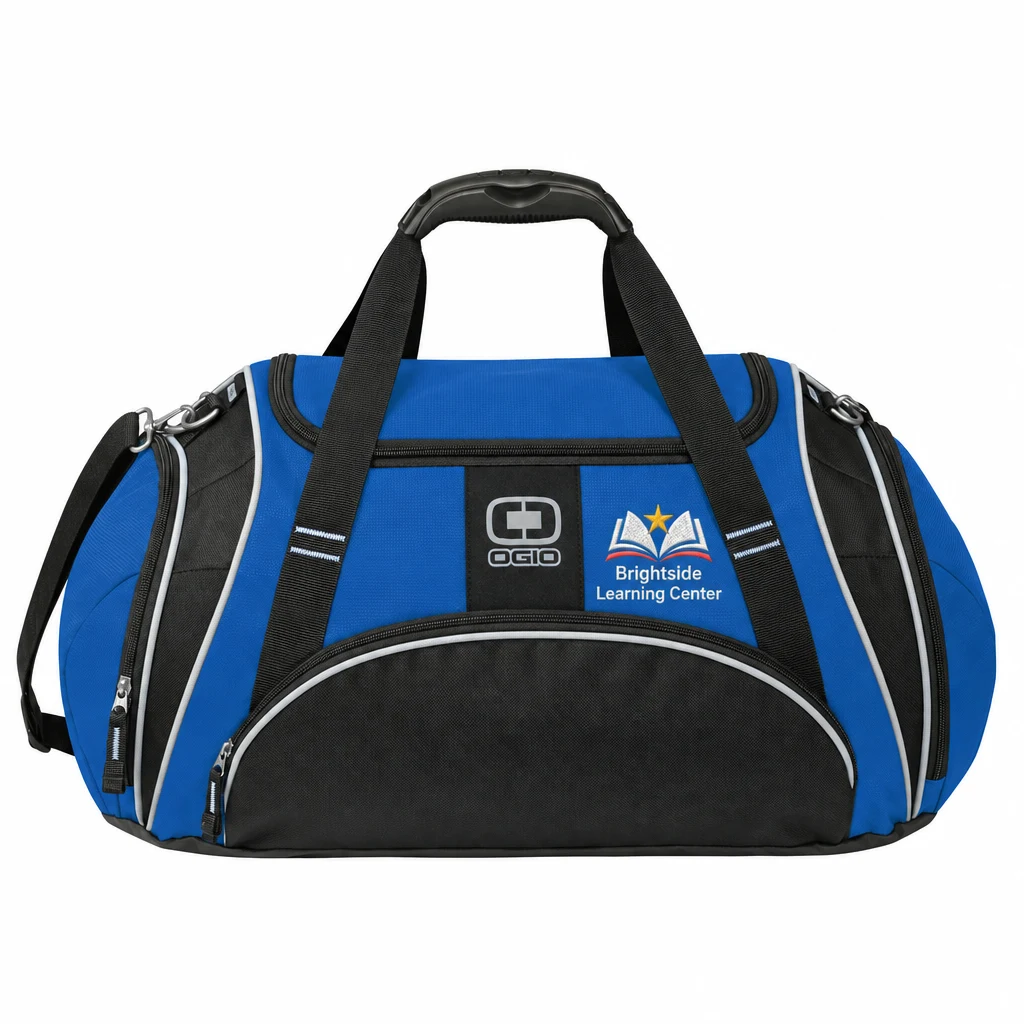 Custom OGIO - Crunch Duffel (108085) in True Royal, flat-lay view with a custom embroidered logo.