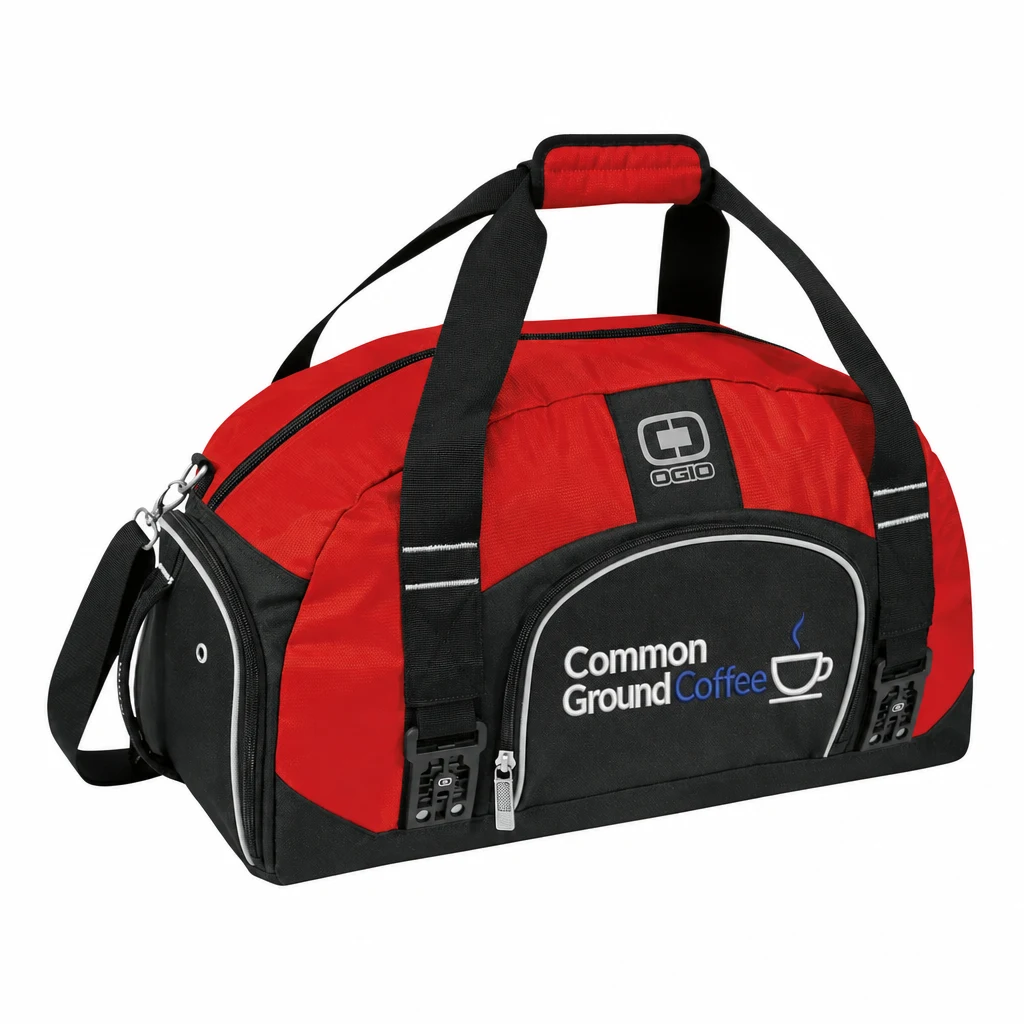 Custom OGIO - Big Dome Duffel (108087) in Red, flat-lay view with a custom embroidered logo.