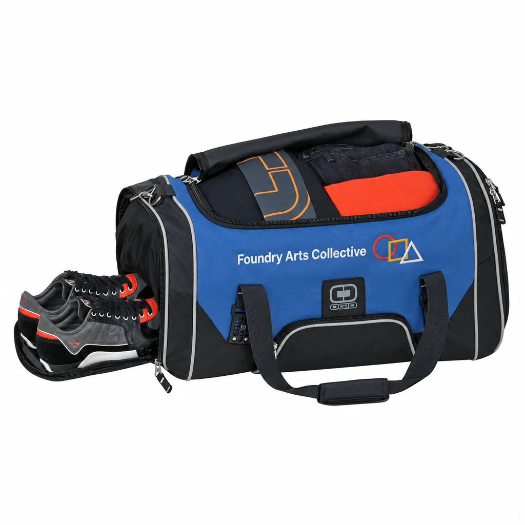 Custom OGIO - Rage Duffel (108089) in True Royal, flat-lay view with a custom embroidered logo.
