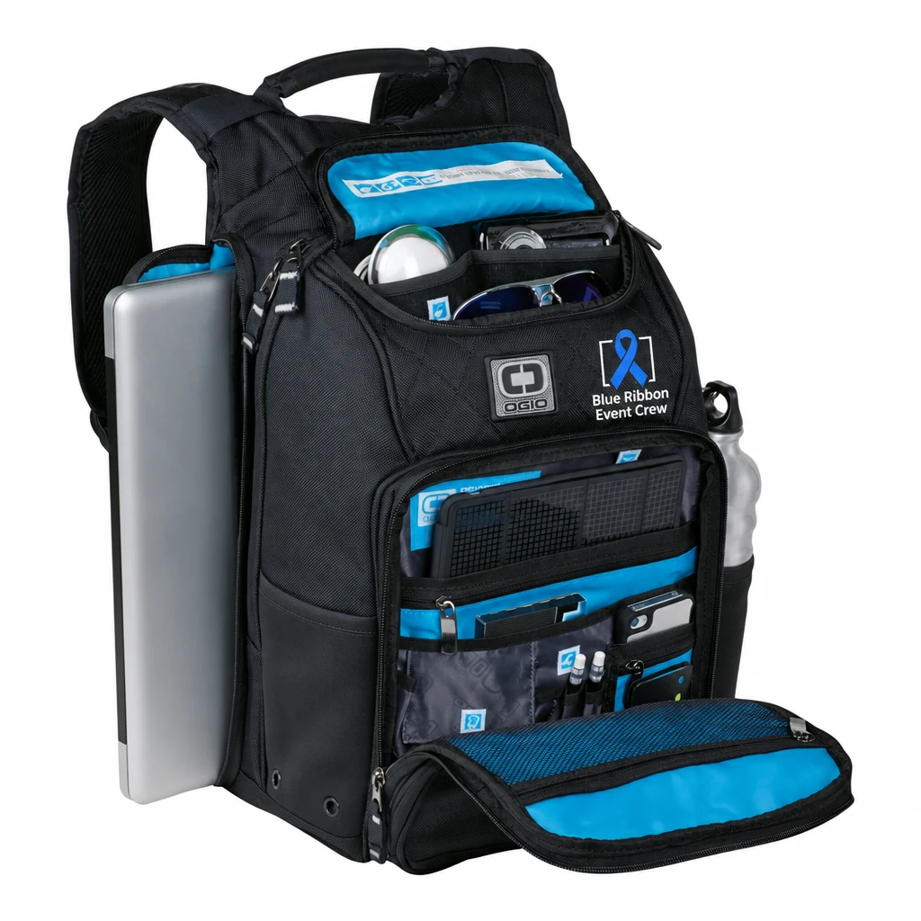 Custom OGIO - Epic Pack (108090) in Black, flat-lay view with a custom printed logo.