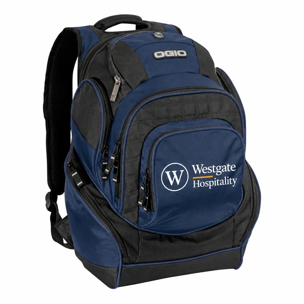 Custom OGIO - Mastermind Pack (108091) in Navy, flat-lay view with a custom printed logo. Example design