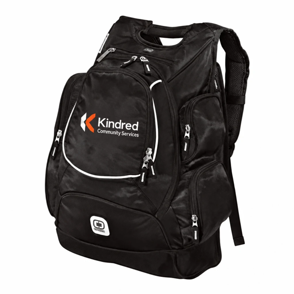 Custom OGIO - Bounty Hunter Pack (108105) in Black, flat-lay view with a custom printed logo. Example design