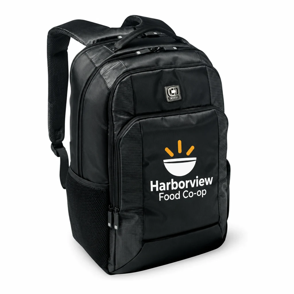 Custom OGIO - Roamer Pack (110172) in Black, flat-lay view with a custom printed logo. Example design