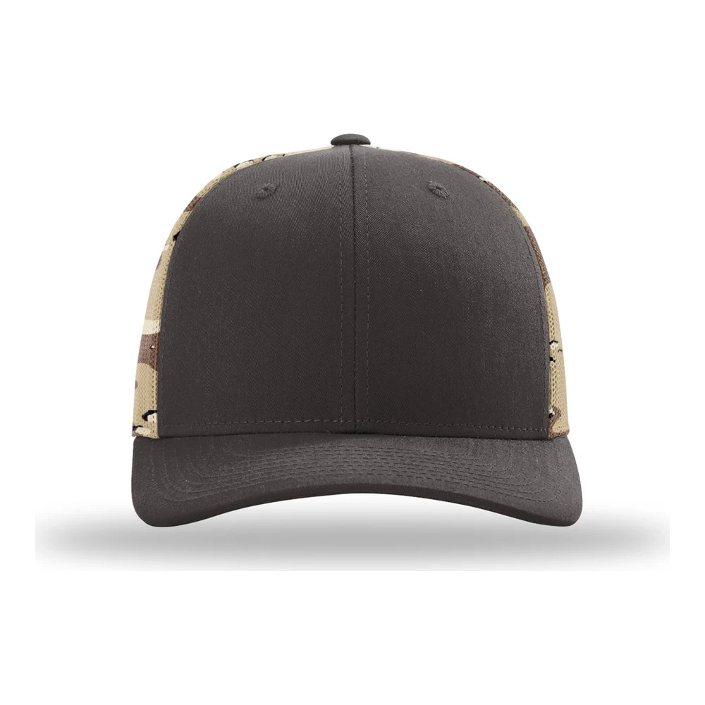 Brown/ Desert Camo Richardson Printed Mesh Trucker style 112PM, front view