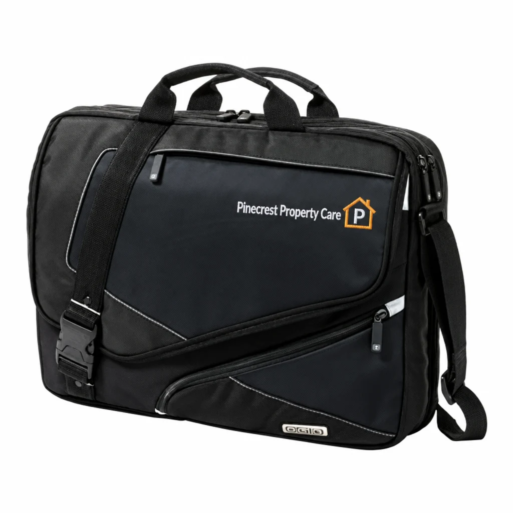 Custom OGIO - Voyager Messenger (117023) in Black/ Petrol, flat-lay view with a custom embroidered logo.
