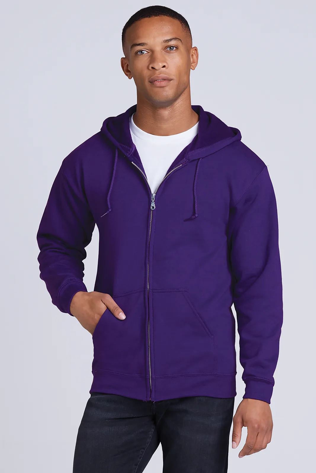 Gildan - Heavy Blend Full-Zip Hooded Sweatshirt — Style 18600 in Purple — manufacturer lifestyle photo