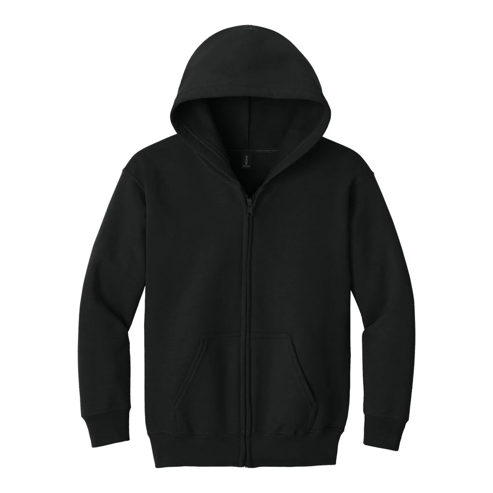 Black Gildan Youth Heavy Blend Full-Zip Hooded Sweatshirt style 18600B, front view