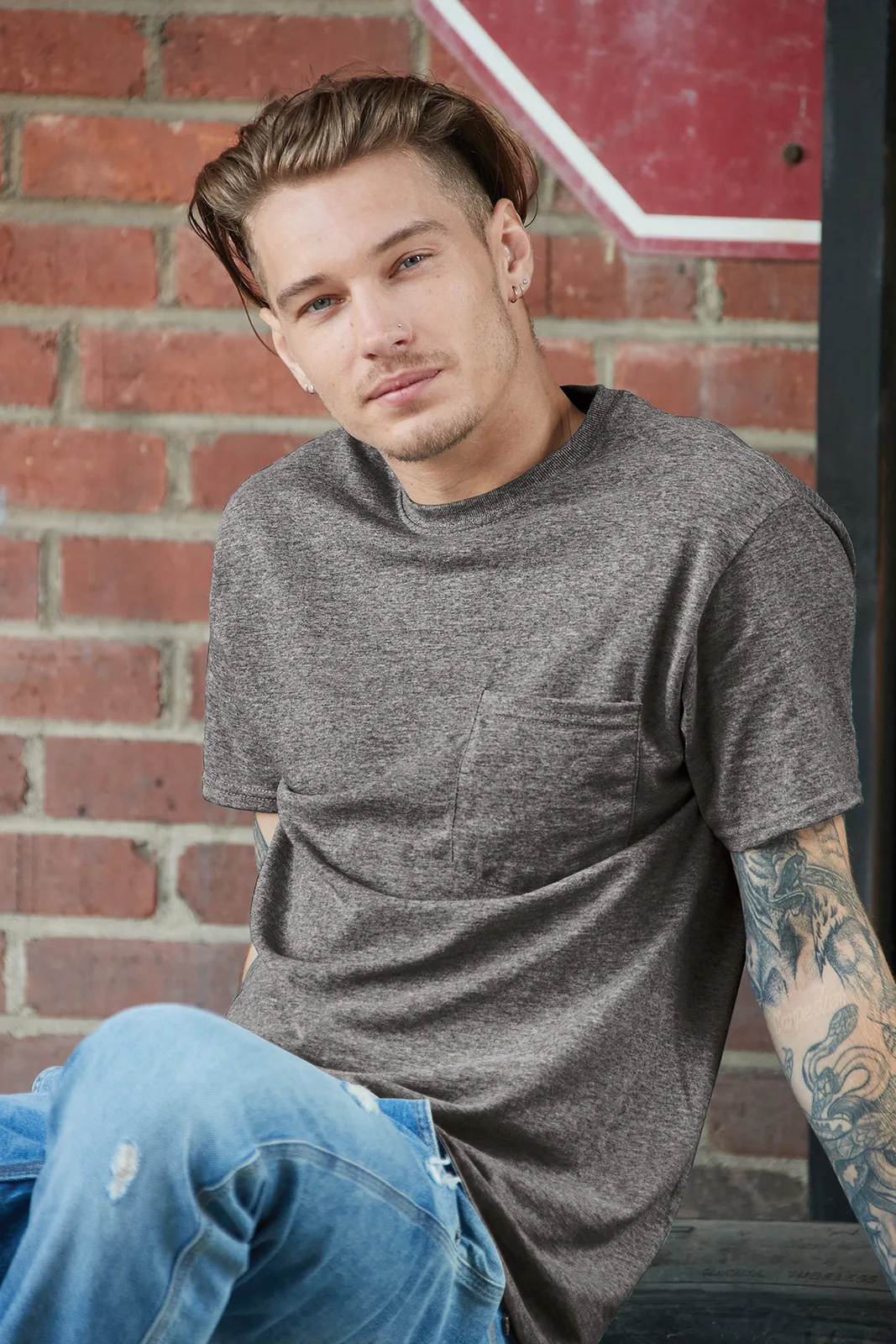Jerzees - Dri-Power 50/50 Cotton/Poly Pocket T-Shirt — Style 29MP in Athletic Heather — manufacturer lifestyle photo