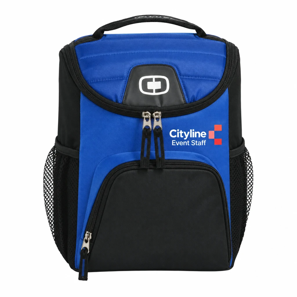 Custom OGIO - Chill 6-12 Can Cooler (408112) in Royal, flat-lay view with a custom printed logo.