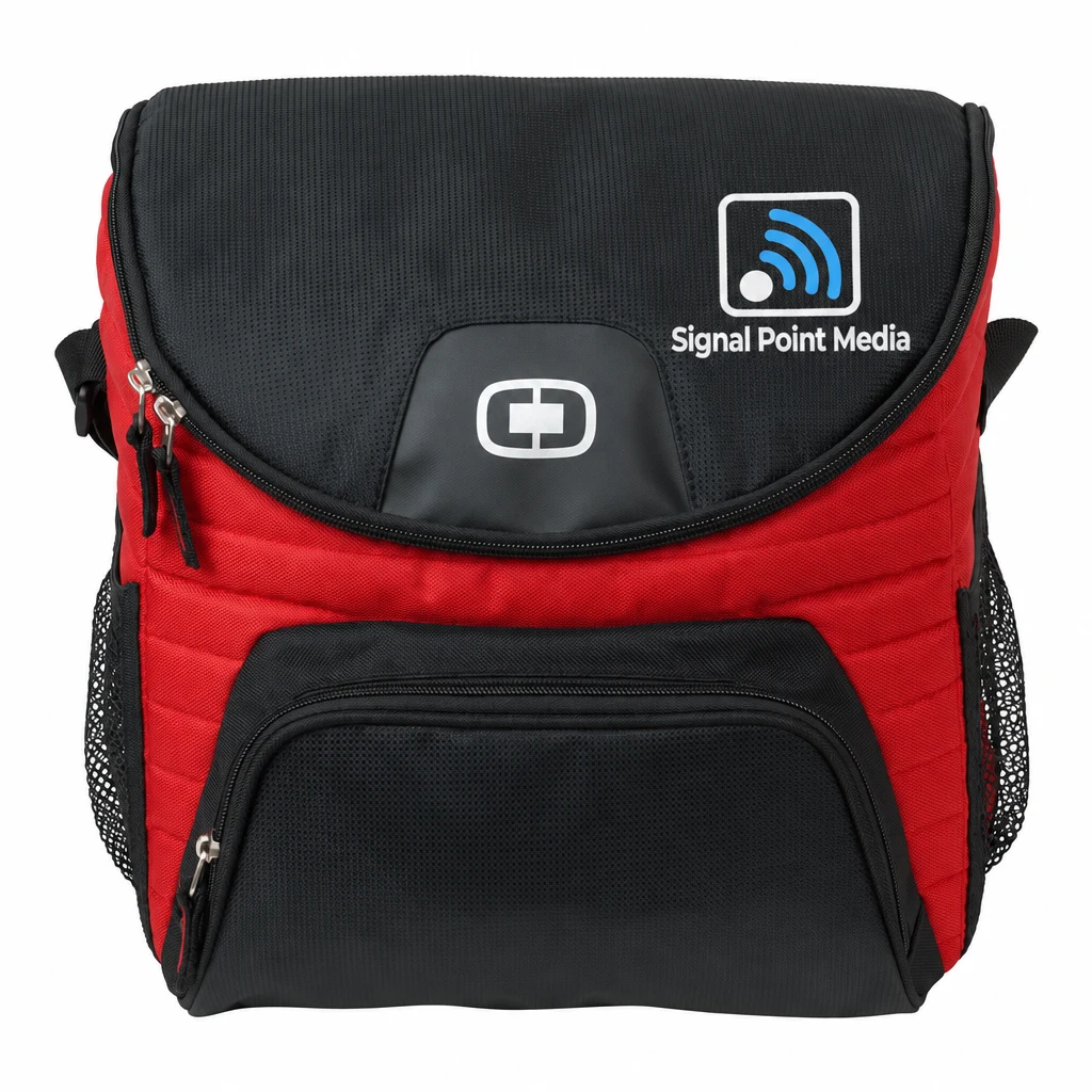 Custom OGIO - Chill 18-24 Can Cooler (408113) in Red, flat-lay view with a custom printed logo.