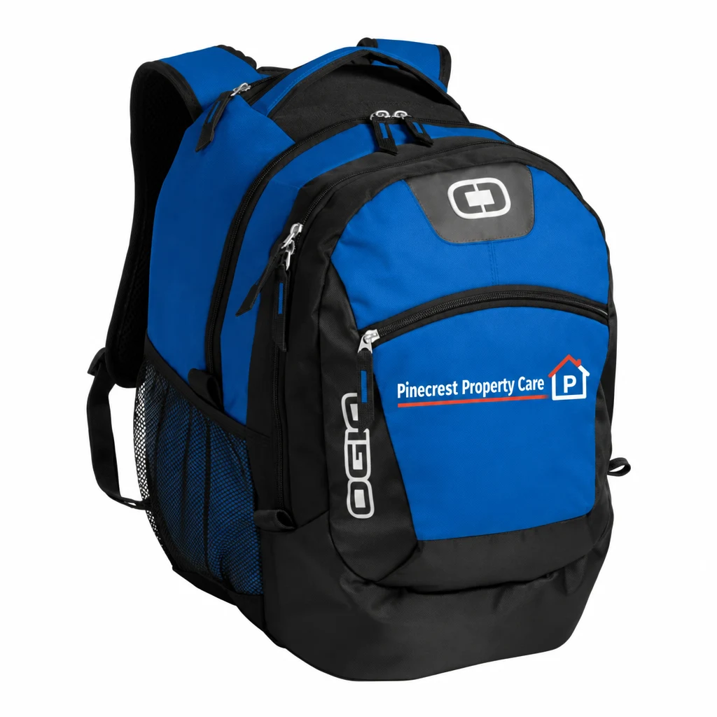 Custom OGIO - Rogue Pack (411042) in Royal, flat-lay view with a custom printed logo. Example design
