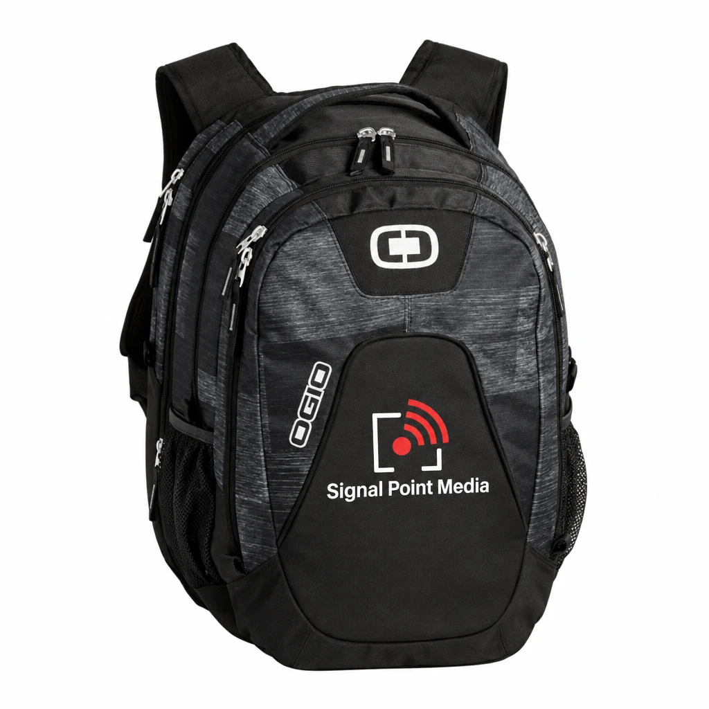 Custom OGIO - Juggernaut Pack (411043) in Charcoal, flat-lay view with a custom printed logo. Example design