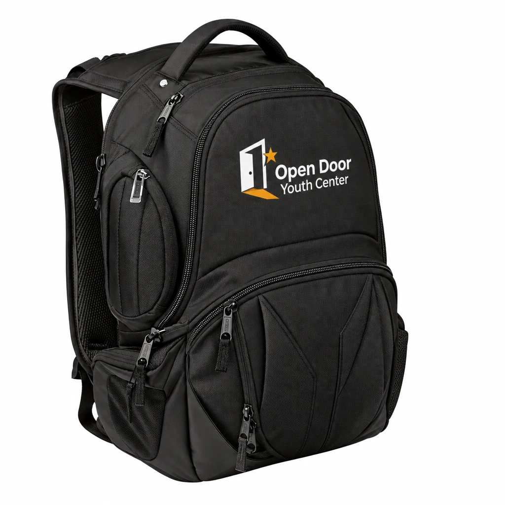 Custom OGIO - Squadron Pack (411047) in Black, flat-lay view with a custom printed logo. Example design