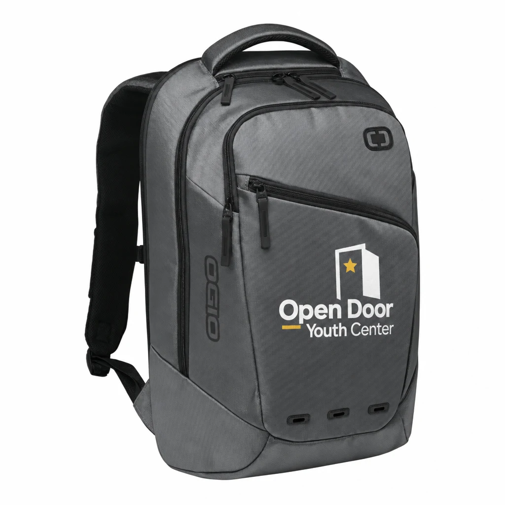 Custom OGIO Ace Pack (411061) in Metallic, flat-lay view with a custom printed logo. Example design