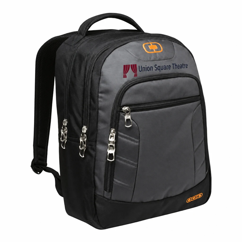 Custom OGIO Colton Pack (411063) in Diesel Grey/ Orange, flat-lay view with a custom printed logo. Example design