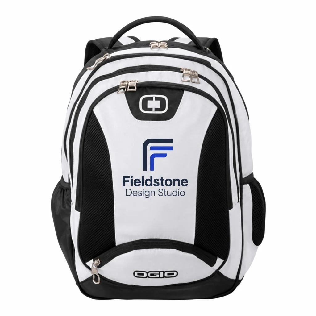 Custom OGIO - Bullion Pack (411064) in White/ Black/ Silver, flat-lay view with a custom printed logo. Example design