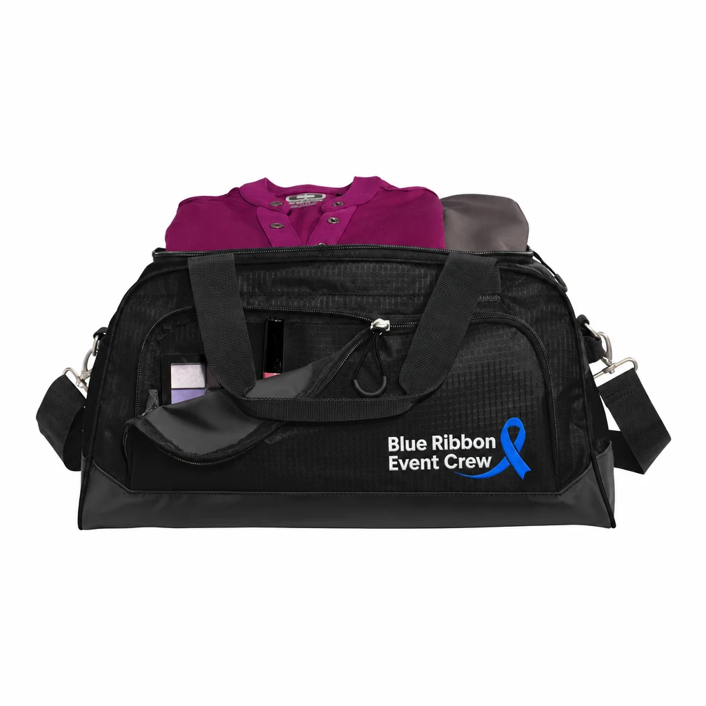 Custom OGIO Breakaway Duffel (411095) in Black/ Black, flat-lay view with a custom embroidered logo.