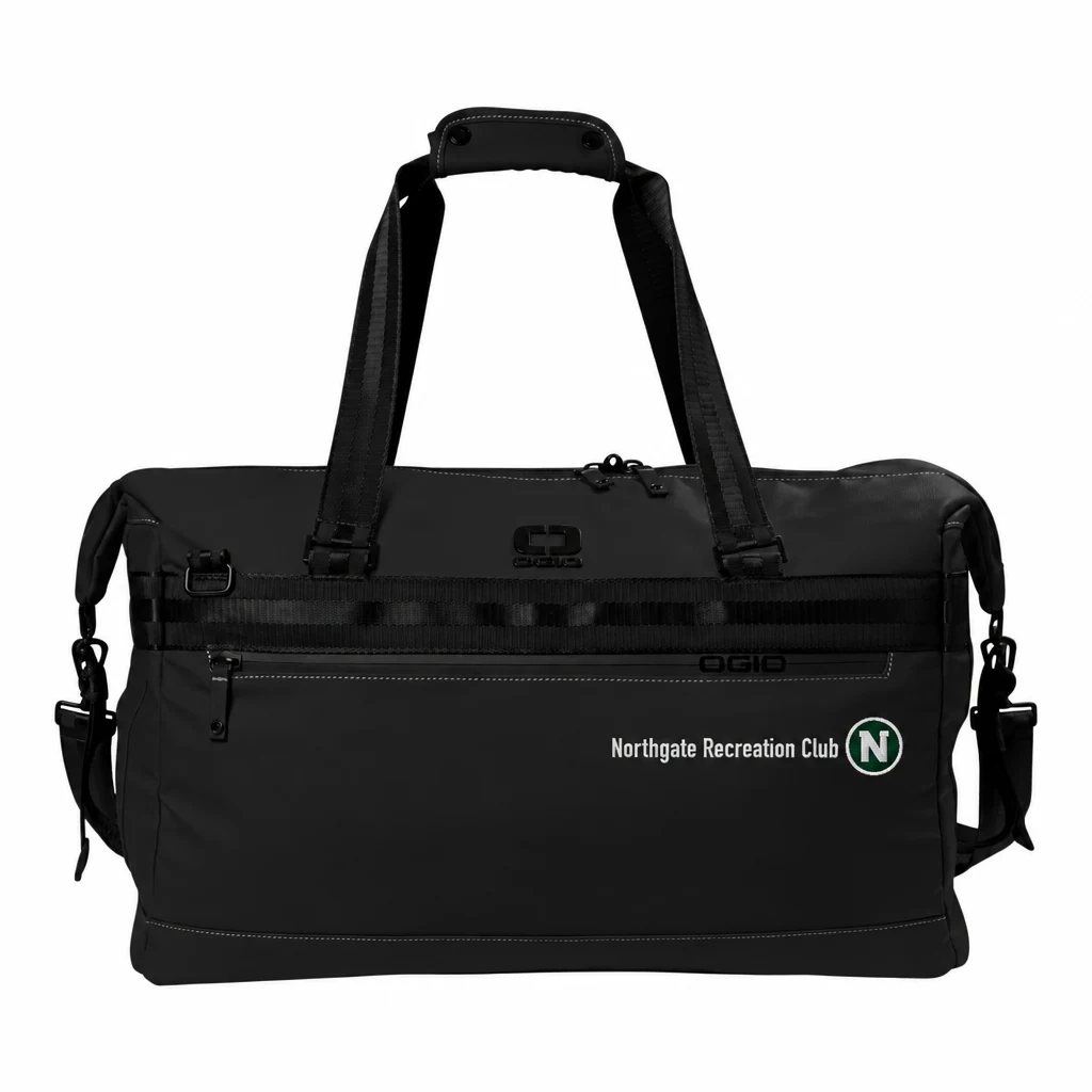 Custom OGIO Commuter Duffel (411098) in Blacktop, flat-lay view with a custom embroidered logo.