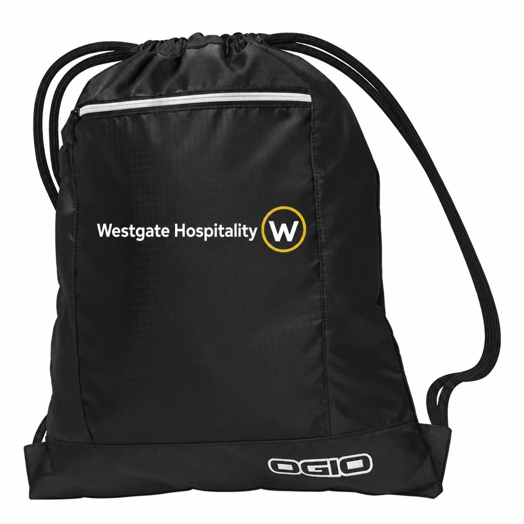 Custom OGIO Pulse Cinch Pack (412045) in Black, flat-lay view with a custom printed logo.