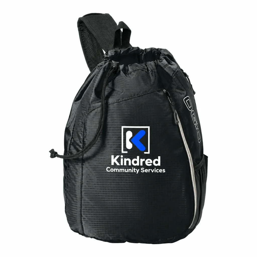 Custom OGIO Sonic Sling Pack (412046) in Black, flat-lay view with a custom printed logo.