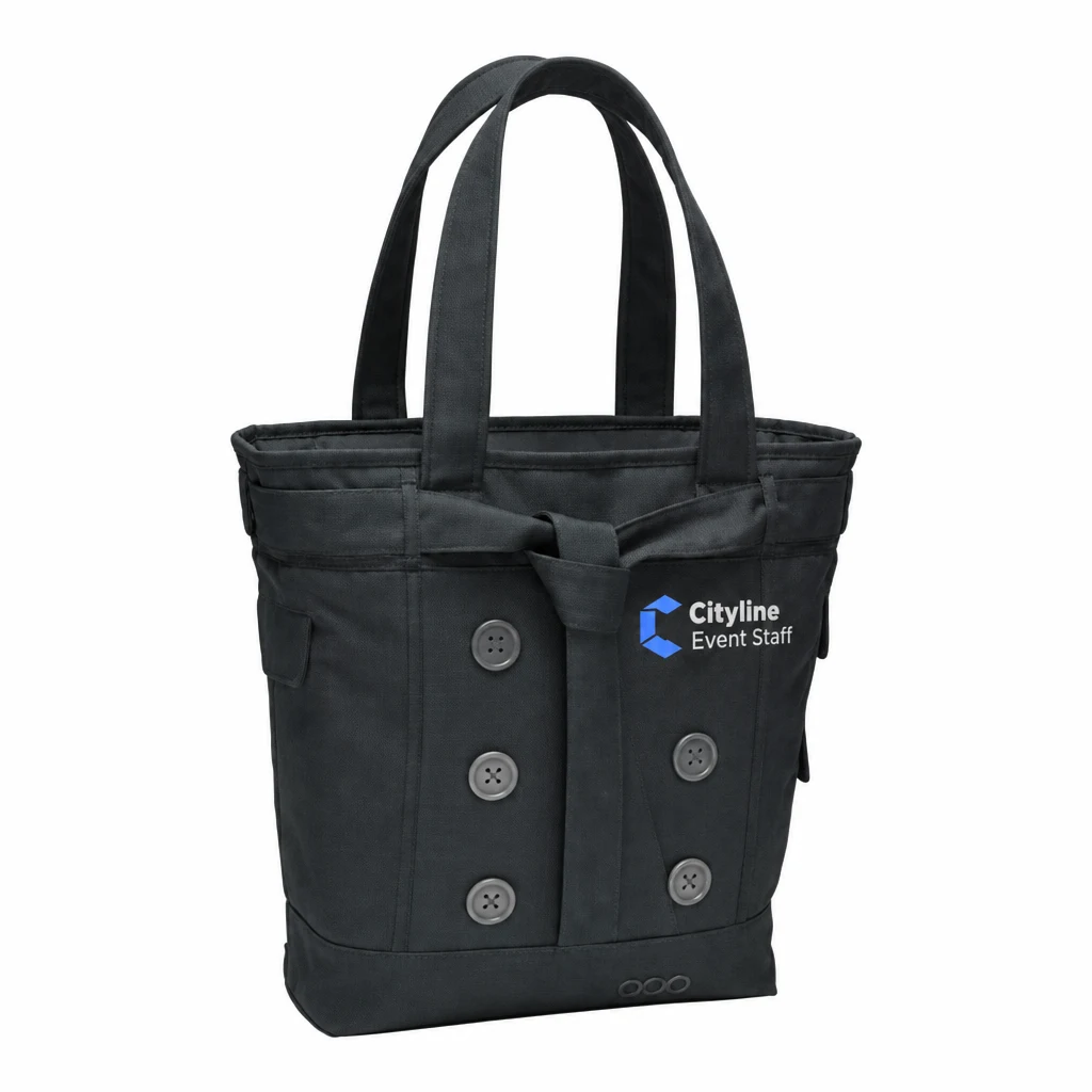 Custom OGIO Ladies Melrose Tote (414006) in Storm Grey, flat-lay view with a custom printed logo. Example design