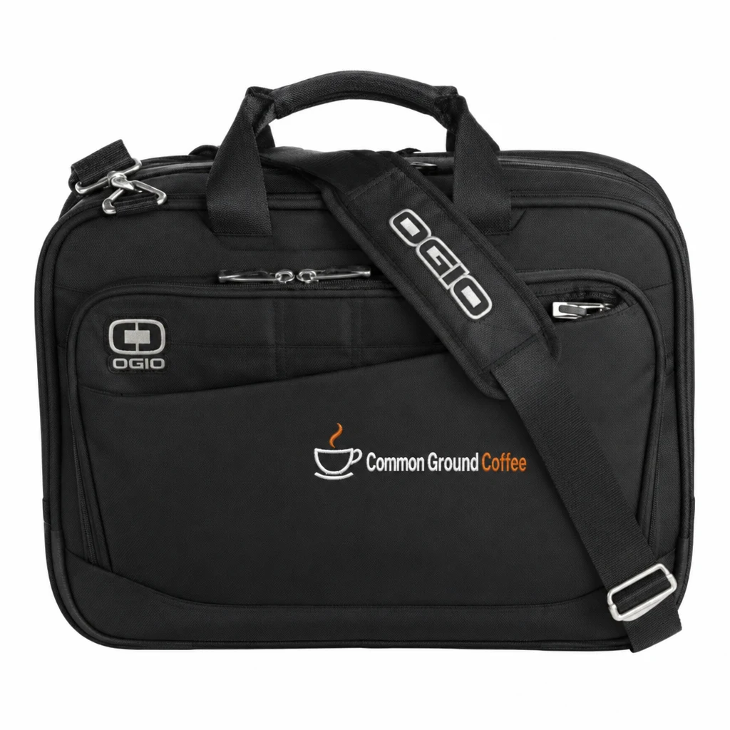 Custom OGIO - Element Messenger (417003) in Black, flat-lay view with a custom embroidered logo.