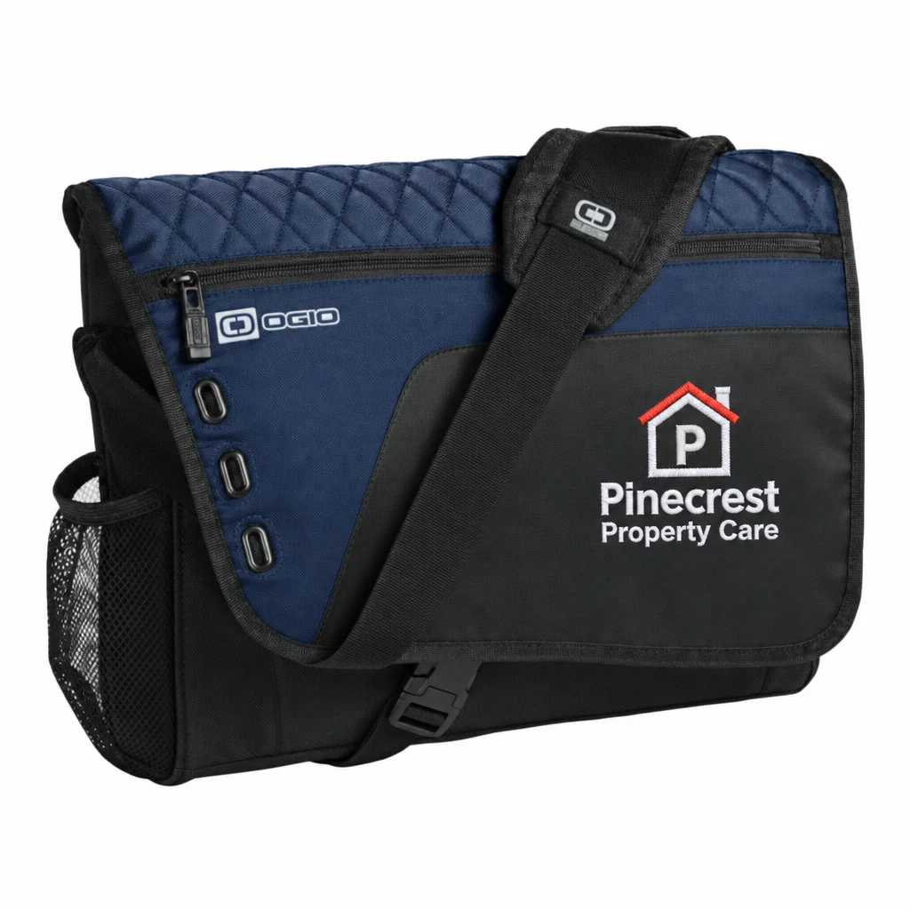 Custom OGIO - Vault Messenger (417012) in Navy, flat-lay view with a custom embroidered logo.