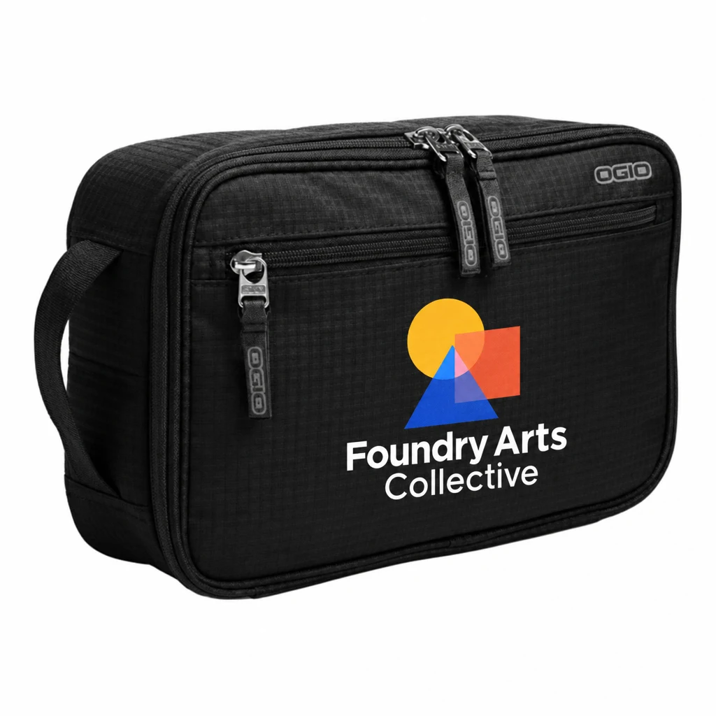 Custom OGIO Shadow Travel Kit (417028) in Black, flat-lay view with a custom printed logo.