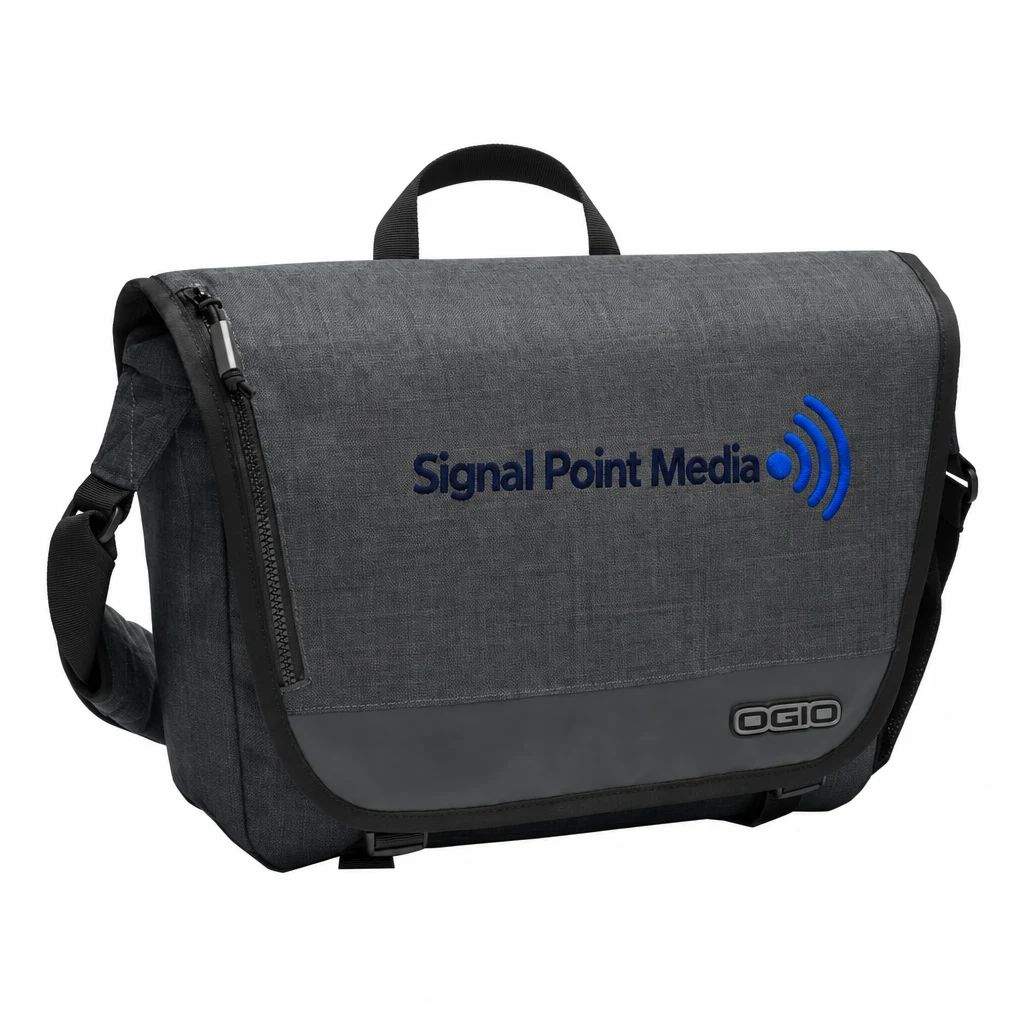 Custom OGIO Sly Messenger (417041) in Heather Grey, flat-lay view with a custom embroidered logo.
