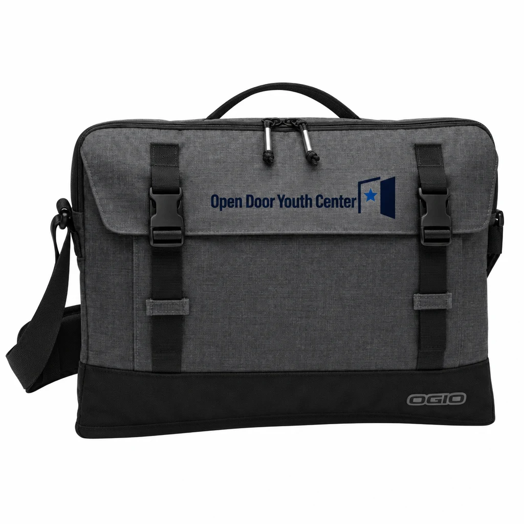 Custom OGIO Apex 15 Slim Case (417051) in Heather Grey, flat-lay view with a custom printed logo.