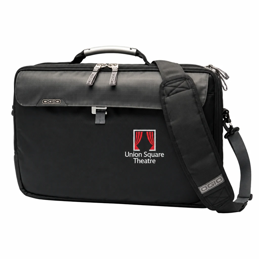 Custom OGIO Pursuit Messenger (417053) in Black, flat-lay view with a custom embroidered logo.