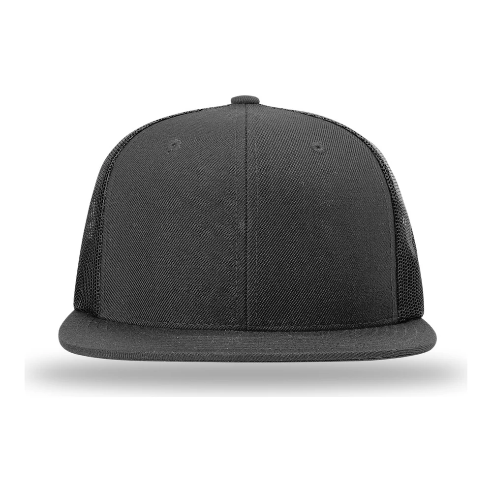 Black Richardson Acrylic-Wool Blend Flatbill Trucker style 511, front view
