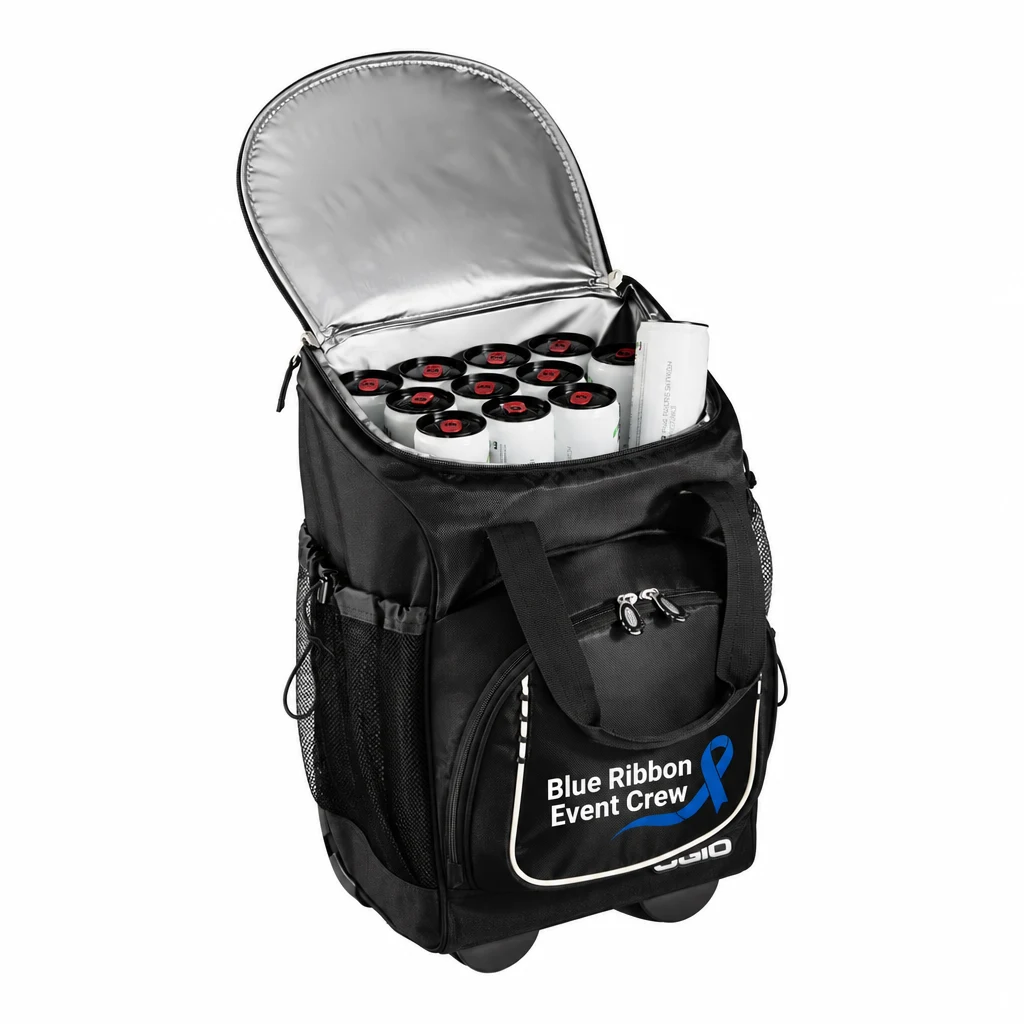 Custom OGIO - Pulley Cooler (611701) in Black, flat-lay view with a custom printed logo.