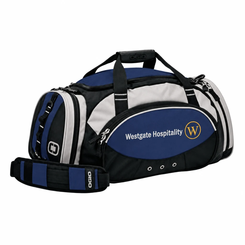 Custom OGIO - All Terrain Duffel (711003) in Navy, flat-lay view with a custom embroidered logo.