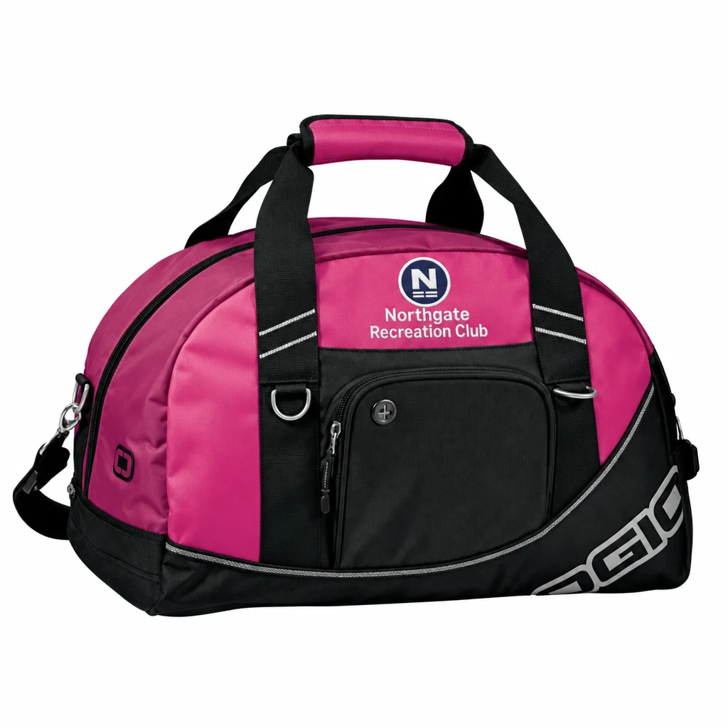 Custom OGIO - Half Dome Duffel (711007) in Pink, flat-lay view with a custom embroidered logo.