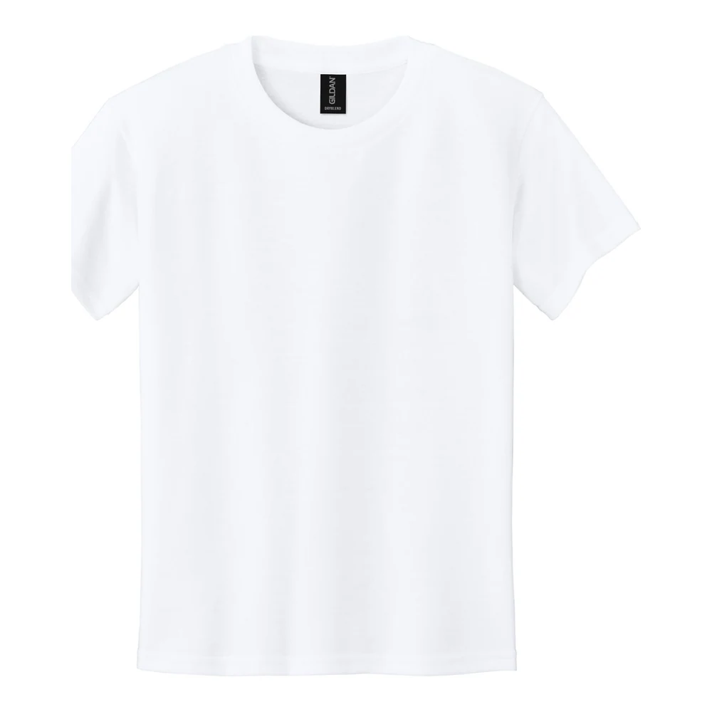 White Gildan Youth DryBlend 50 Cotton/50 Poly T-Shirt style 8000B, front view