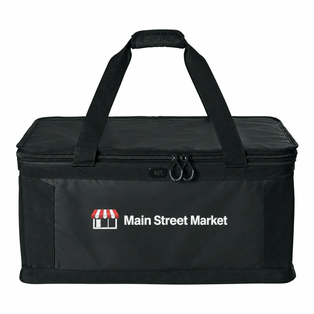 Custom OGIO Gear Mega Cube (90000) in Blacktop, flat-lay view with a custom printed logo.