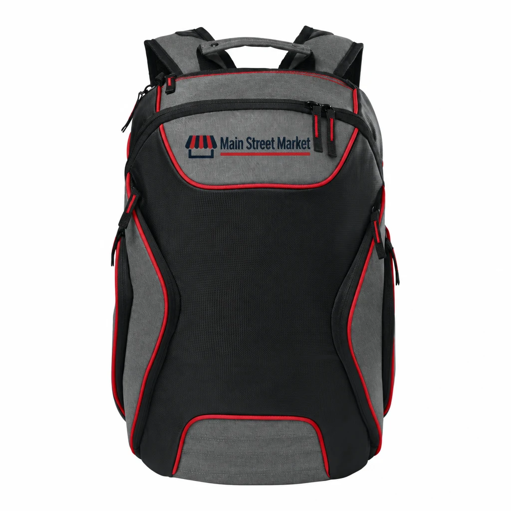 Custom OGIO Hatch Pack (91001) in Laser Red/ Heather Grey, flat-lay view with a custom printed logo. Example design