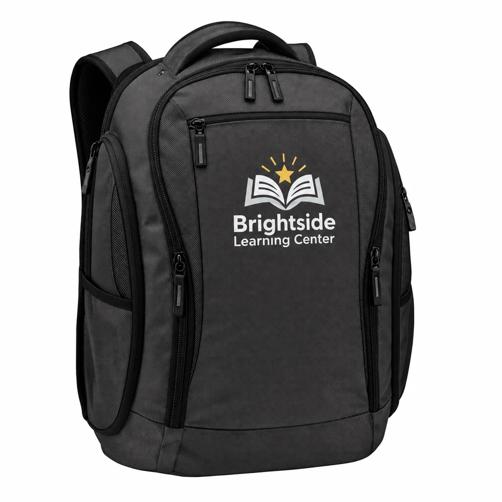 Custom OGIO Flashpoint Pack (91002) in Tarmac, flat-lay view with a custom printed logo. Example design