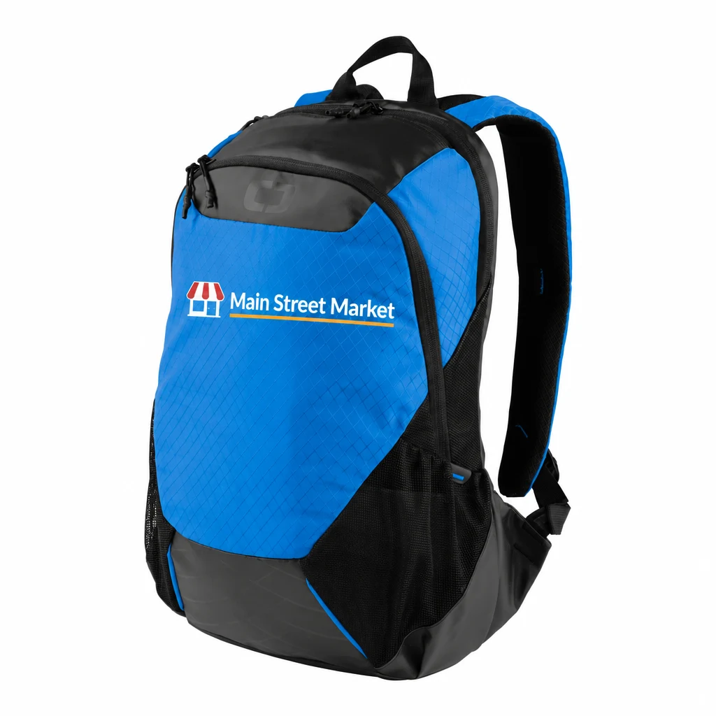 Custom OGIO Basis Pack (91003) in Cobalt Blue, flat-lay view with a custom printed logo. Example design