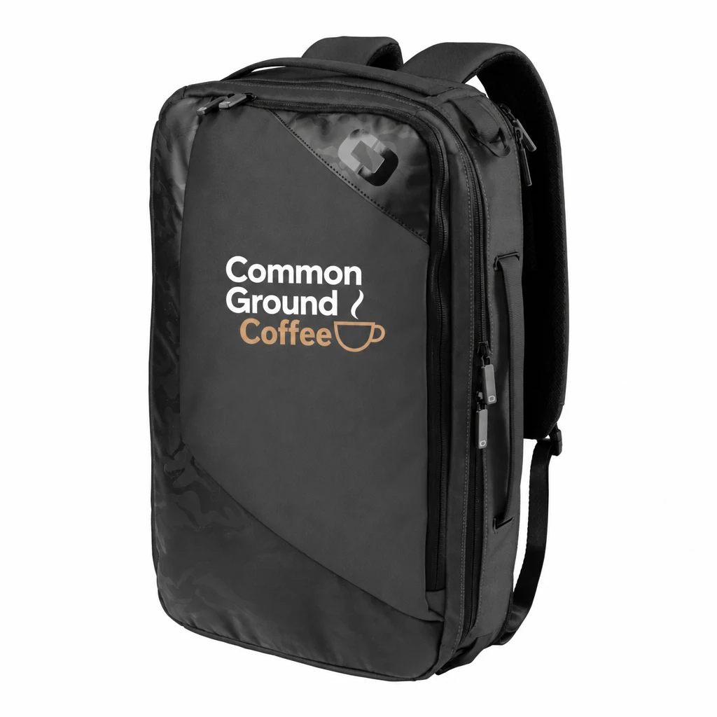 Custom OGIO Convert Pack (91005) in Tarmac, flat-lay view with a custom printed logo. Example design