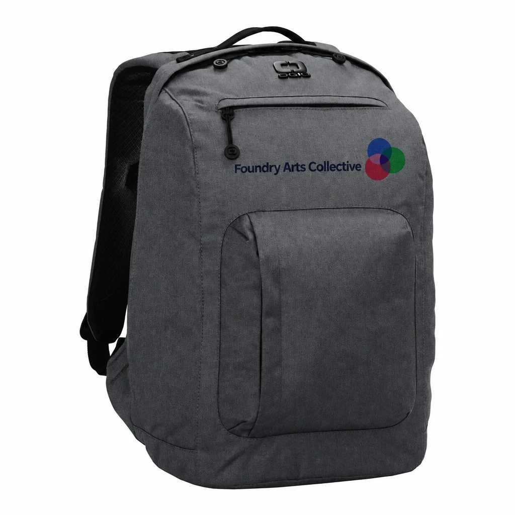 Custom OGIO Downtown Pack (91006) in Tarmac Heather, flat-lay view with a custom printed logo. Example design