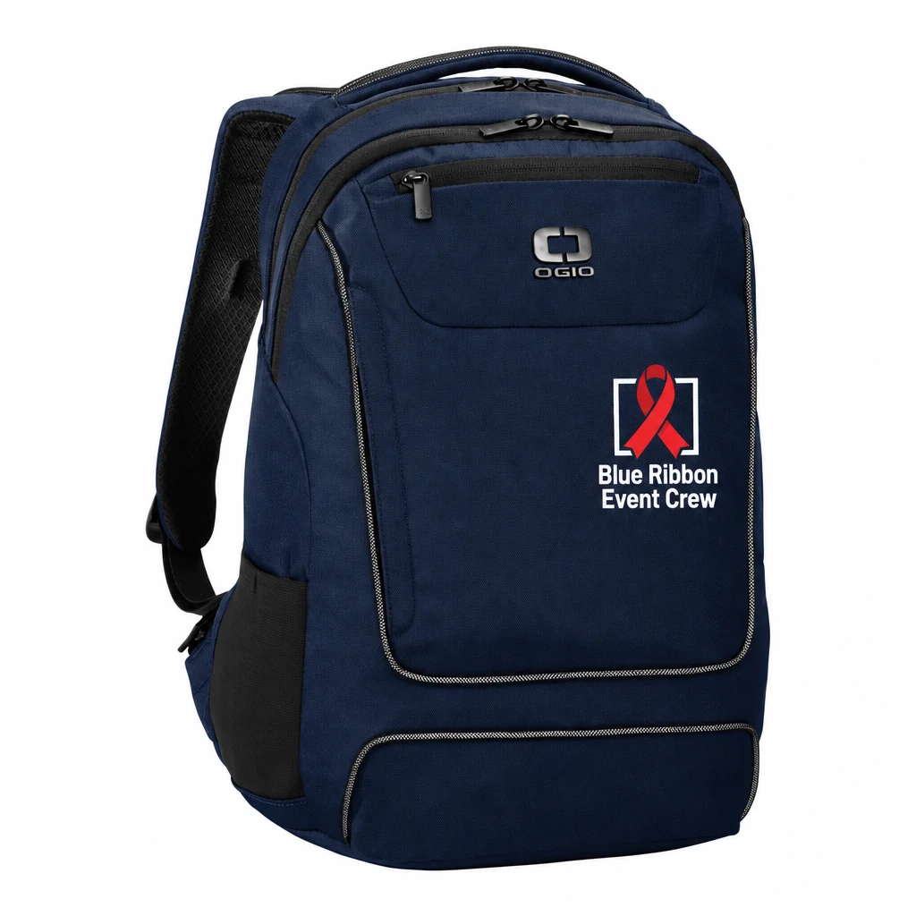 Custom OGIO Range Pack (91007) in River Blue Navy, flat-lay view with a custom printed logo. Example design