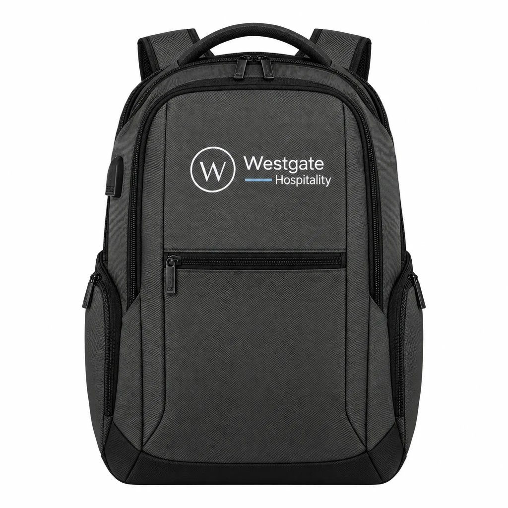 Custom OGIO Connected Pack (91008) in Tarmac, flat-lay view with a custom printed logo. Example design