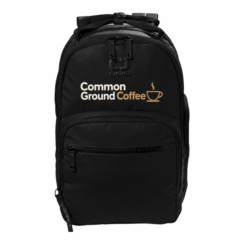 Custom OGIO Commuter Transfer Pack (91009) in Blacktop, flat-lay view with a custom printed logo. Example design