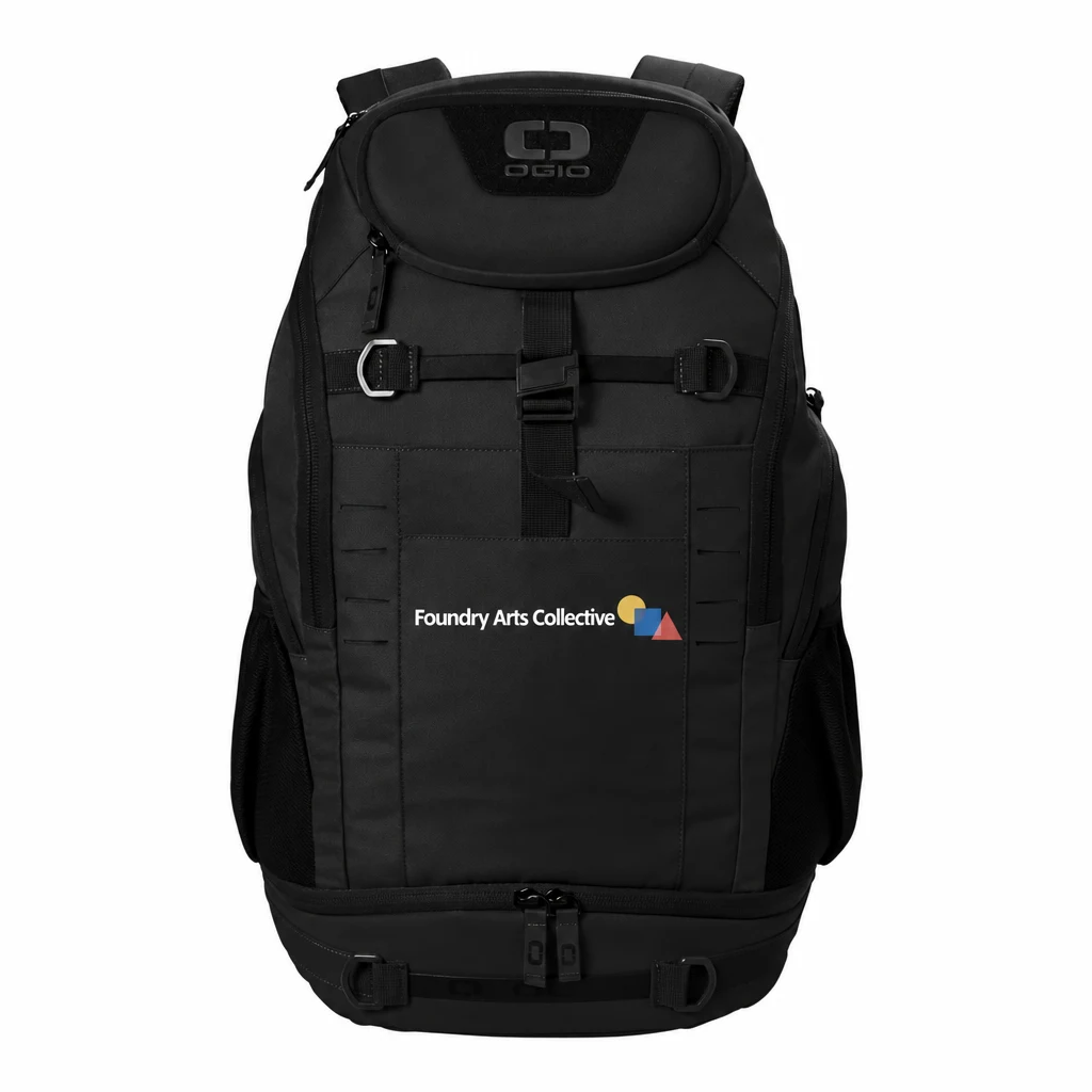 Custom OGIO Utilitarian Pack (91010) in Blacktop, flat-lay view with a custom printed logo. Example design