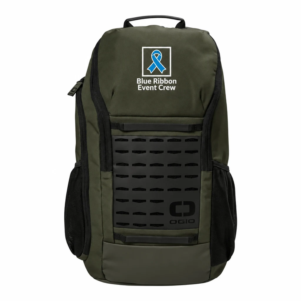 Custom OGIO Surplus Pack (91011) in Deep Olive, flat-lay view with a custom printed logo. Example design