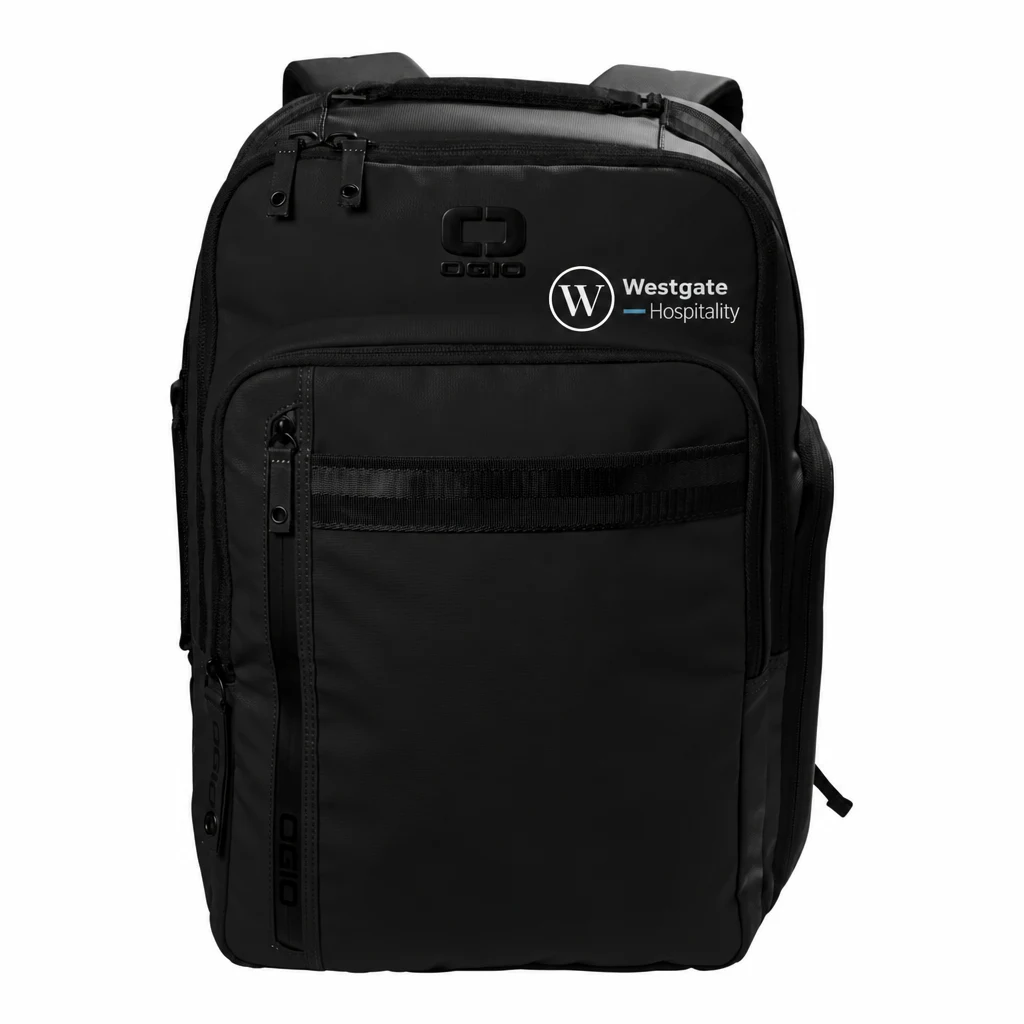 Custom OGIO Commuter XL Pack (91012) in Blacktop, flat-lay view with a custom printed logo. Example design