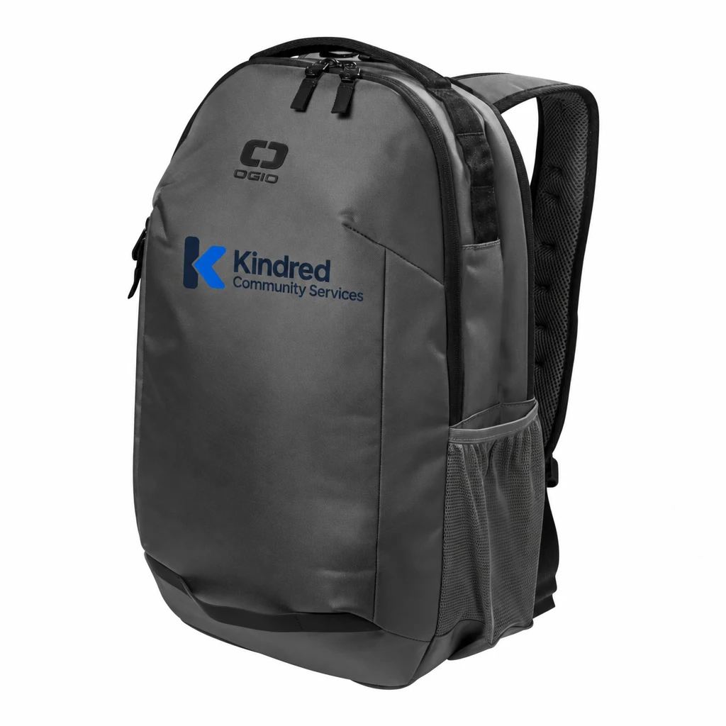 Custom OGIO Transfer Pack (91013) in Tarmac Grey, flat-lay view with a custom printed logo. Example design